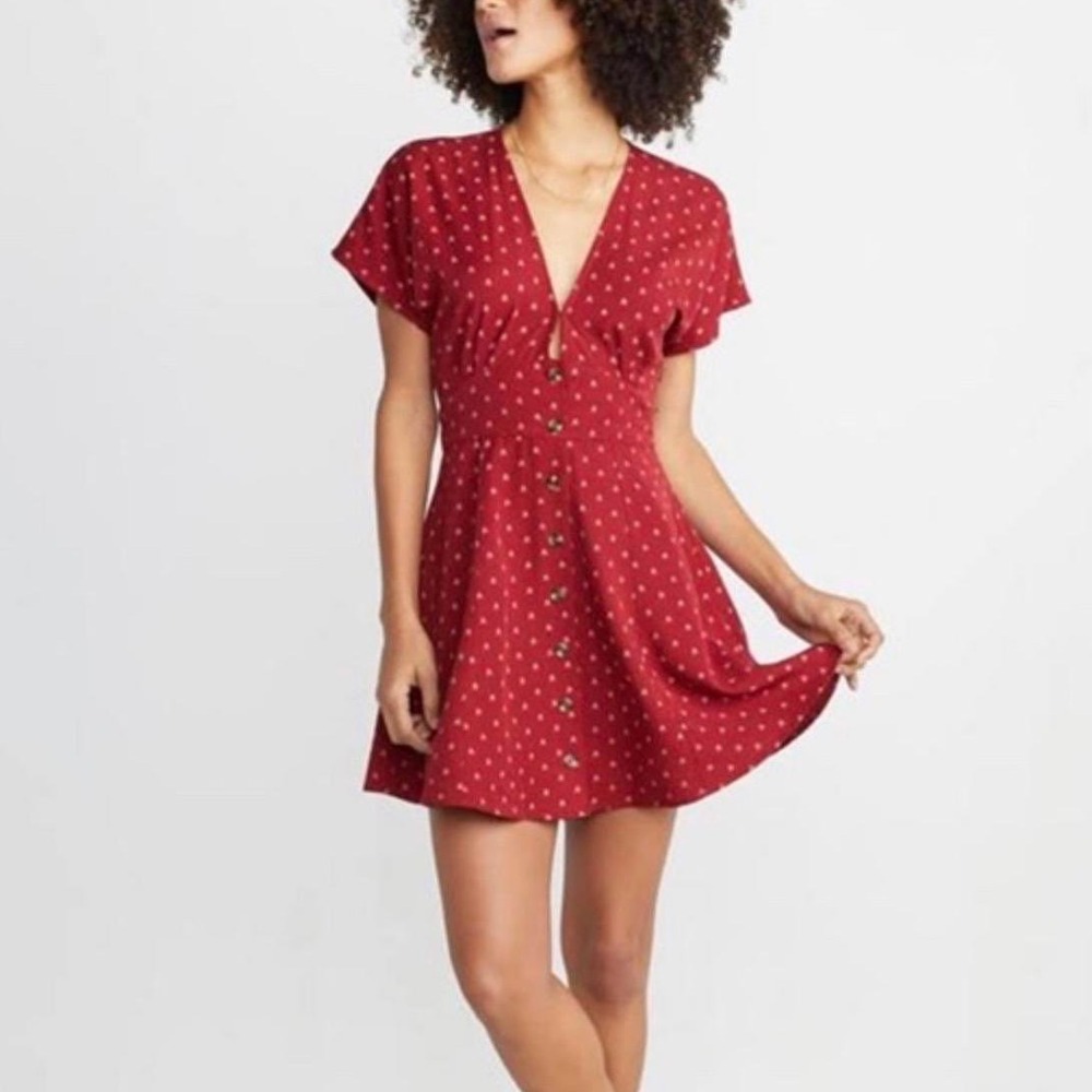 Marine Layer Camilla Mini Dress Deep V-Neck Red Geometric Print Button Front Sm